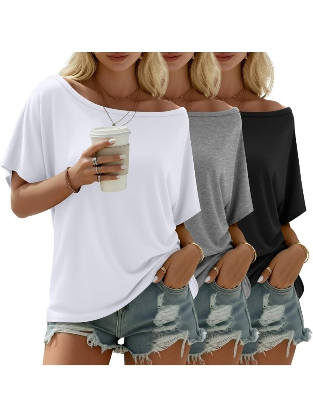 3 Pack Women's Off the Shoulder Tops - Casual, Stylish, Summer Fashion